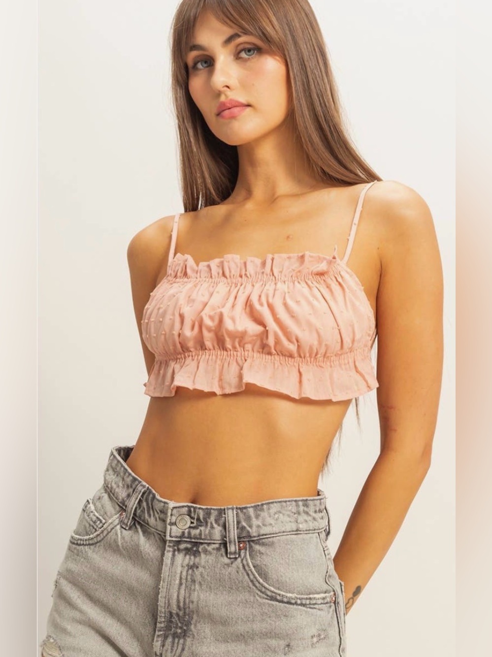 HYFVE blush pink Swiss Dot Smocked Ruffle Open Tie Back Bandeau